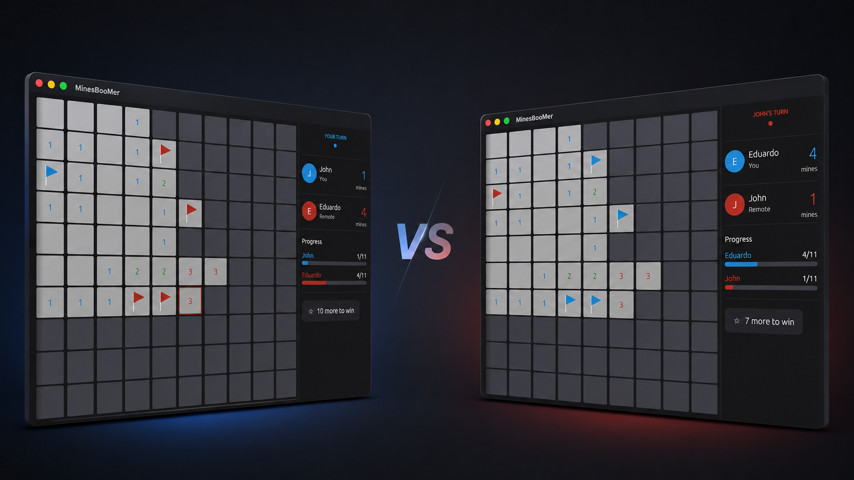 Minesboomer: two side-by-side game windows showing both players' boards in an active 1v1 Minesweeper match, one player mid-game, the other waiting